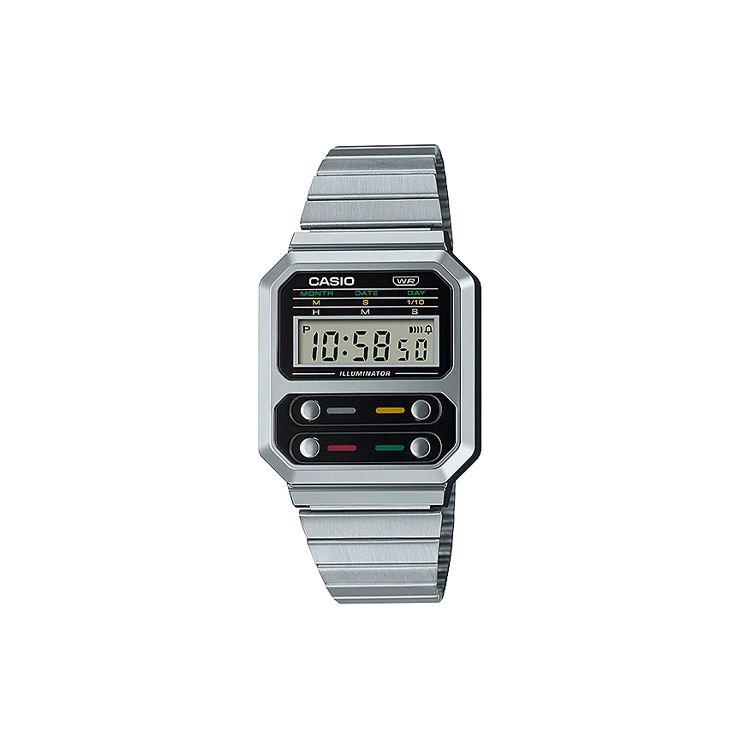 

Casio Vintage Series A100 Pac-Man Basic Model Square Watch Multi-Function Quartz Movement Men Watches Gray A100WE-1A Regular Watch Box,Silver Strap