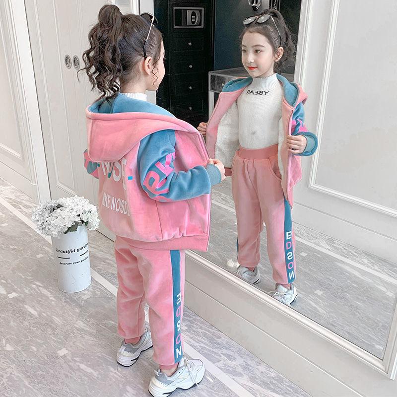 Winter Keep Warm Girls Clothing Set Padded Lining With Plush Velent Hooded Jacket+Pants 2pcs Suit