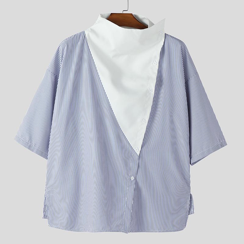 INCERUN Summer Men Stand Neck Short Sleeve Patchwork Casual Loose T-shirts Tops