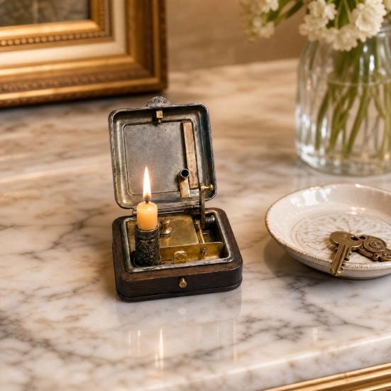 Mechanical Candle Box, 19 Century Vintage Wind-Up Pocket Igniter & Candle Holder, Retro Brass Victorian Flame Igniter Candle Box with Mechanical Riser