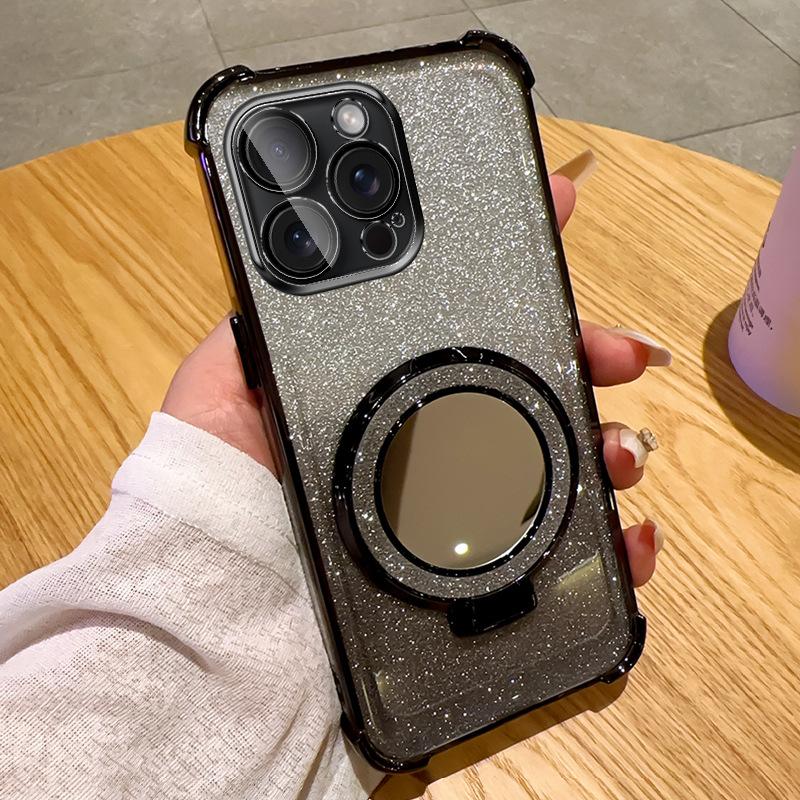 Glitter makeup mirror holder phone15promax mobile phone case Apple 14 four-corner airbag anti-drop 13 soft cover 2