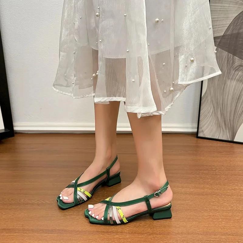 

Fashion Women Sandals Soft Leather Handwoven Color Block Square Toe Low Heel Summer Shoes Korean Style 2025 New Fashion Ladies Slippers 40 зелёный