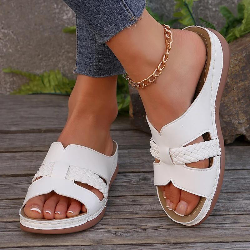 Fashion Comfortable White Platform Slippers for Women Fashion PU Leather Braided Wedge Sandals Woman Summer Casual Non Slip Beach Slides