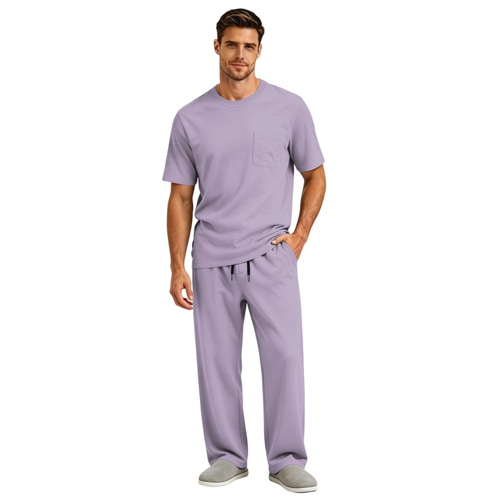 Men's Short Sleeve Pajama Set with Button Crotch and Elastic Waist Drawstring Pants for Sleepwear