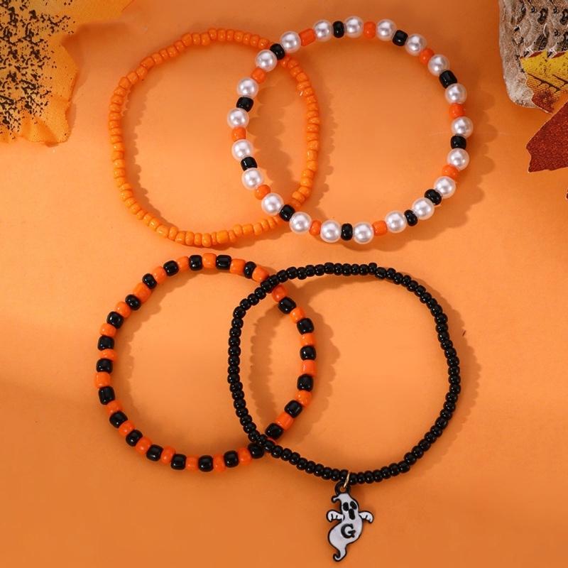 Halloween Beaded Bracelets Set Pumpkin Skull Bracelets for Women Jewelry Gift