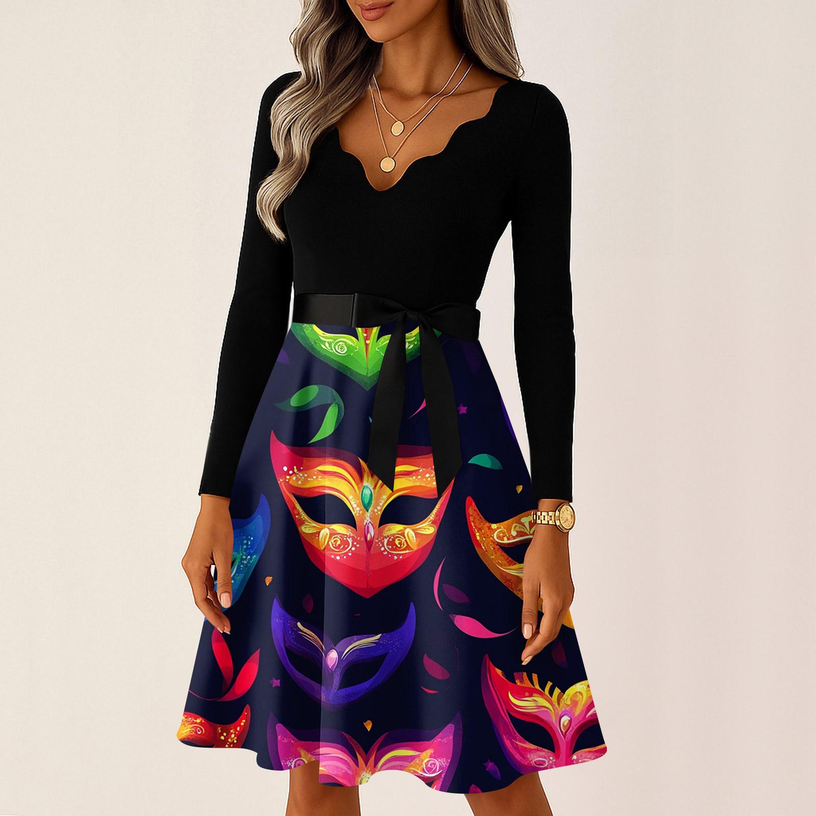 

Женское повседневное модное платье с V-образным вырезом и длинным рукавом с принтом в винтажном стиле XL