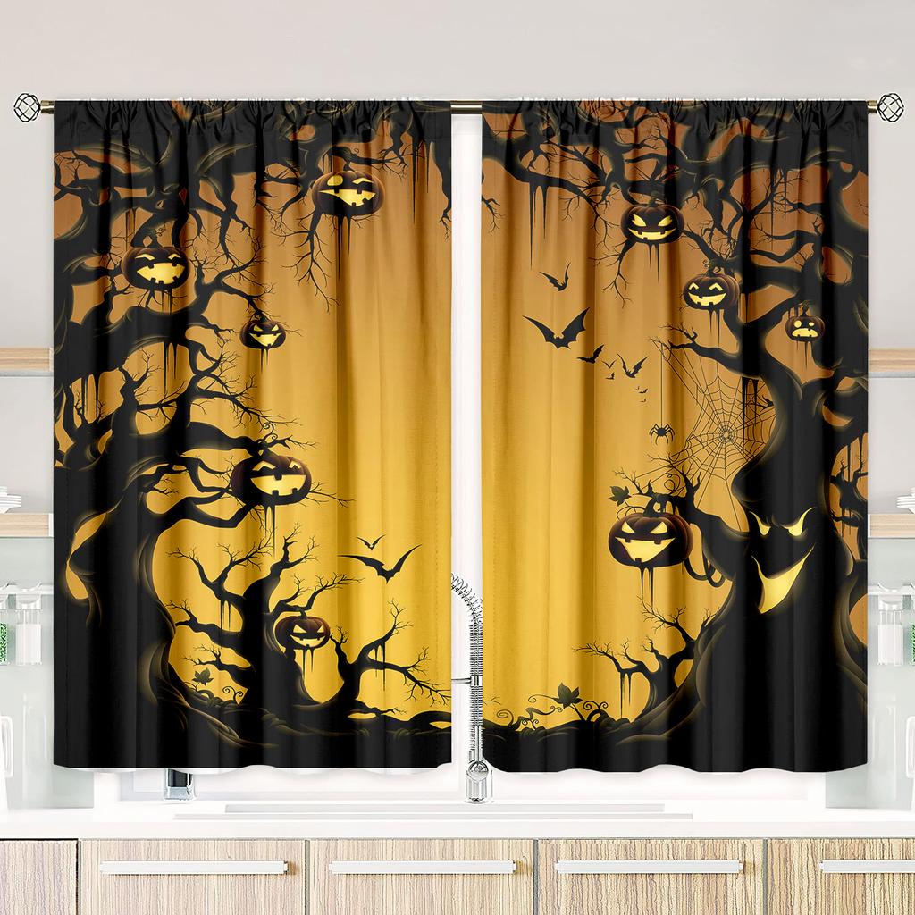 2 Pieces of Halloween Demon Pumpkin Anime Printing Curtain - Polyester Material - Suitable for Bedroom Living Room Study Room an