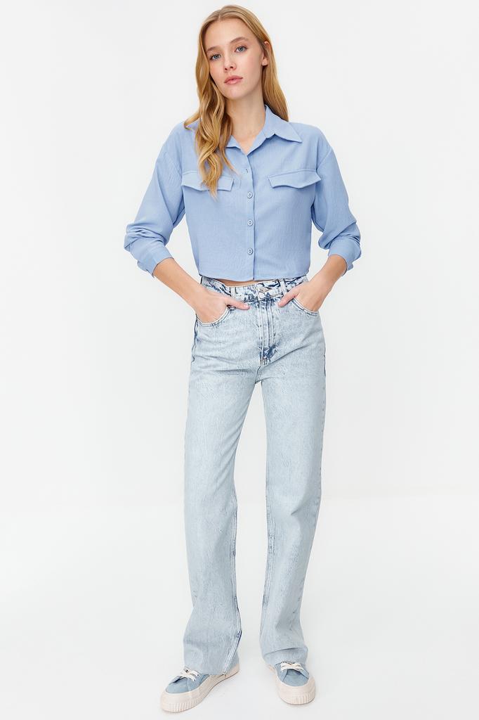 Women's Fashion New Shirt Pink Pocket Detailed Crop Woven Shirt