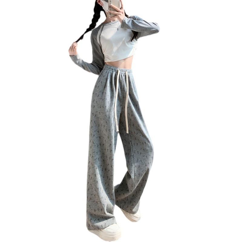 Floral White Lazy Wide-leg Pants Women's Spring and Autumn New Loose Straight Casual Sweatpants Small Sweatpants