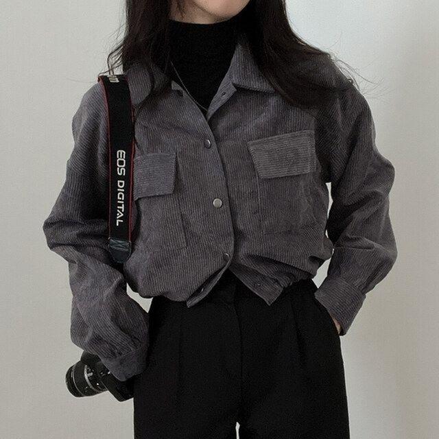 Rimocy Chic kapsy Dlouhý rukáv zkrácená halenka pro ženy Manšestrová Krátká bunda se stahovací šňůrkou Korejské divoké jednobarevné kabáty
