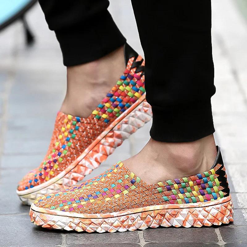Summer Women's Flats Fashion Elastic Band Weave Casual Shoes Slip on Breathable Sneakers Spring Couple Loafers Plus Size 35-44