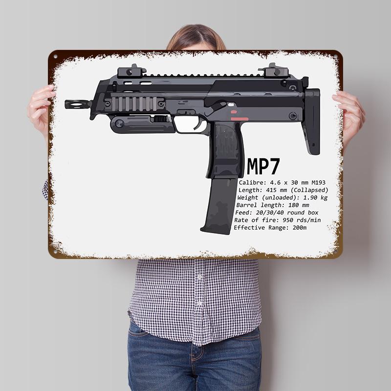 MP PDW Sub Machine Gun Tinplate Poster Customized Wall Art Retro Vintage Metal Signs for Fans Decoration Bedroom Room Ornaments
