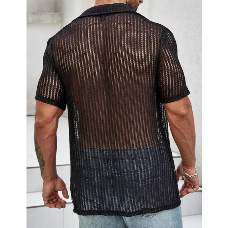 Mens Mesh Knit Short Sleeve Button Down Shirt Openwork Breathable Casual Summer Top