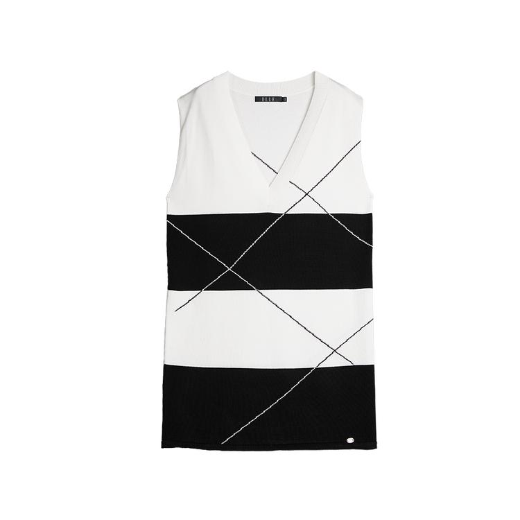 ELLE Chic Color-Blocked Striped V-Neck Long Sleeve Dress Women dresses Black White EL50698