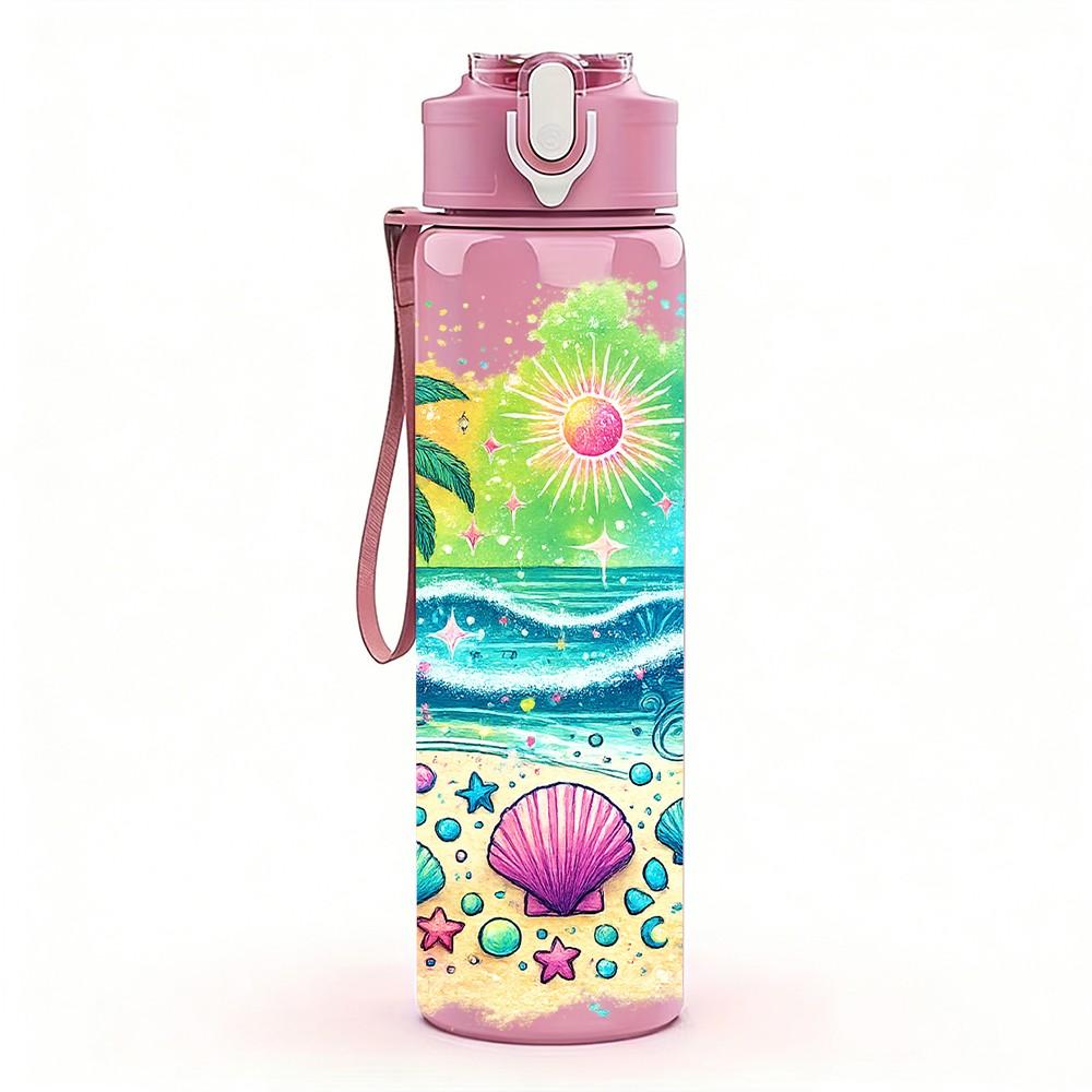 1PC Tropical Beach Palm Starfish Print 750ml Color Plastic Sports Water Bottle Leakproof Flip Straw Lid Suitable for Sports Office Home Use