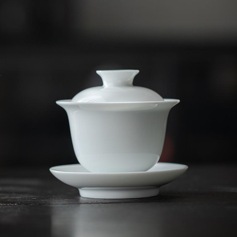Ceramic Teacup White Porcelain Tea Tureen Handmade Solid Bowl Chinese Kung Fu Gongfu Gaiwan Retro Teaware Drinkware Tea Ceremony