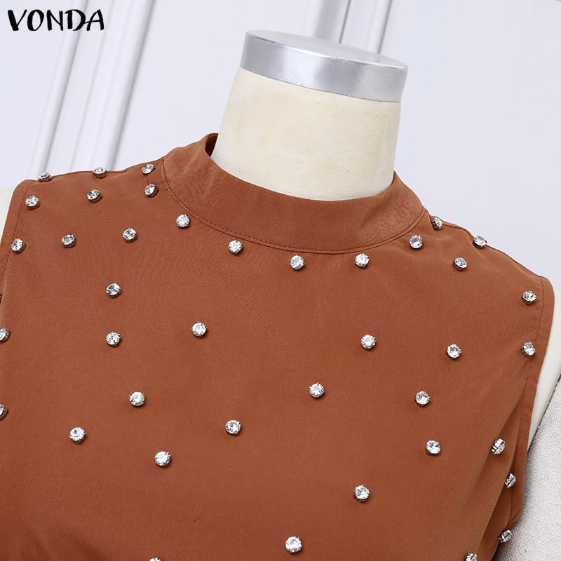 VONDA Summer Women Sleeveless Beading Casual Long Elegant Jumpsuits Overalls