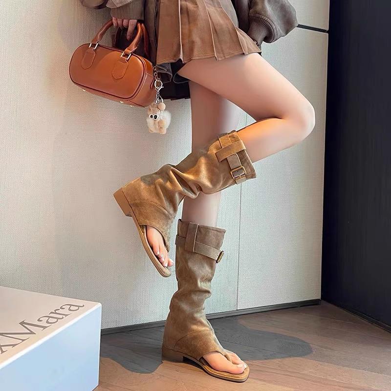 Summer Internal Elevation Women Knee High Boots Retro Style Clip Toe Shoes Ladies Causal Slip On Sandalias Booties