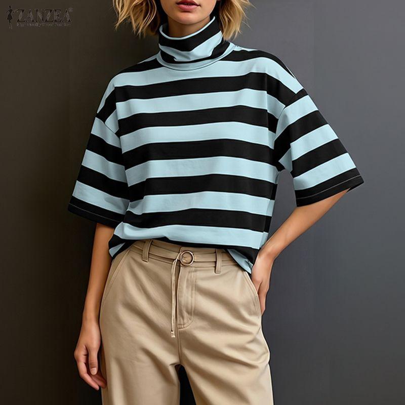 ZANZEA Women Turtleneck Loose Casual Half Sleeve Stripe Blouse