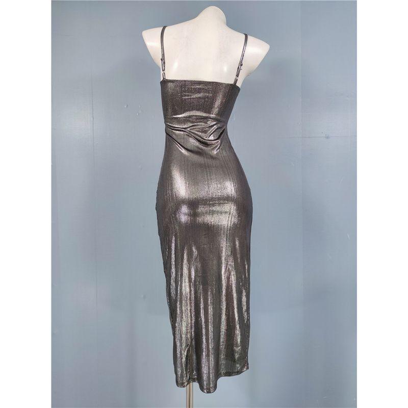Export Single Sling Graceful and Fashionable High Quality Bright Silk Ruched Split Slimming Sexy Metal Feeling Adult Lady like Woman Dress