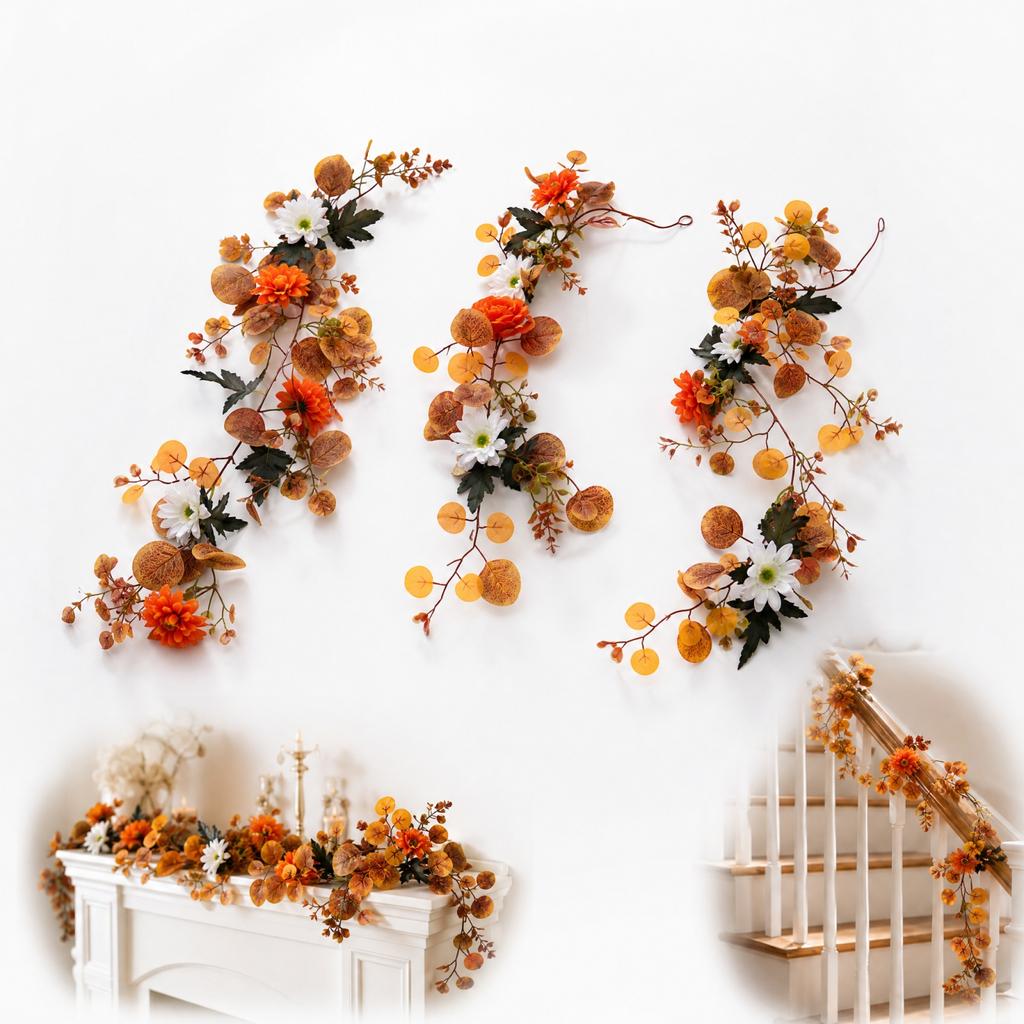 Faux and Chrysanthemum Garland for Fall Mantel Staircase Door Wreath Decoration