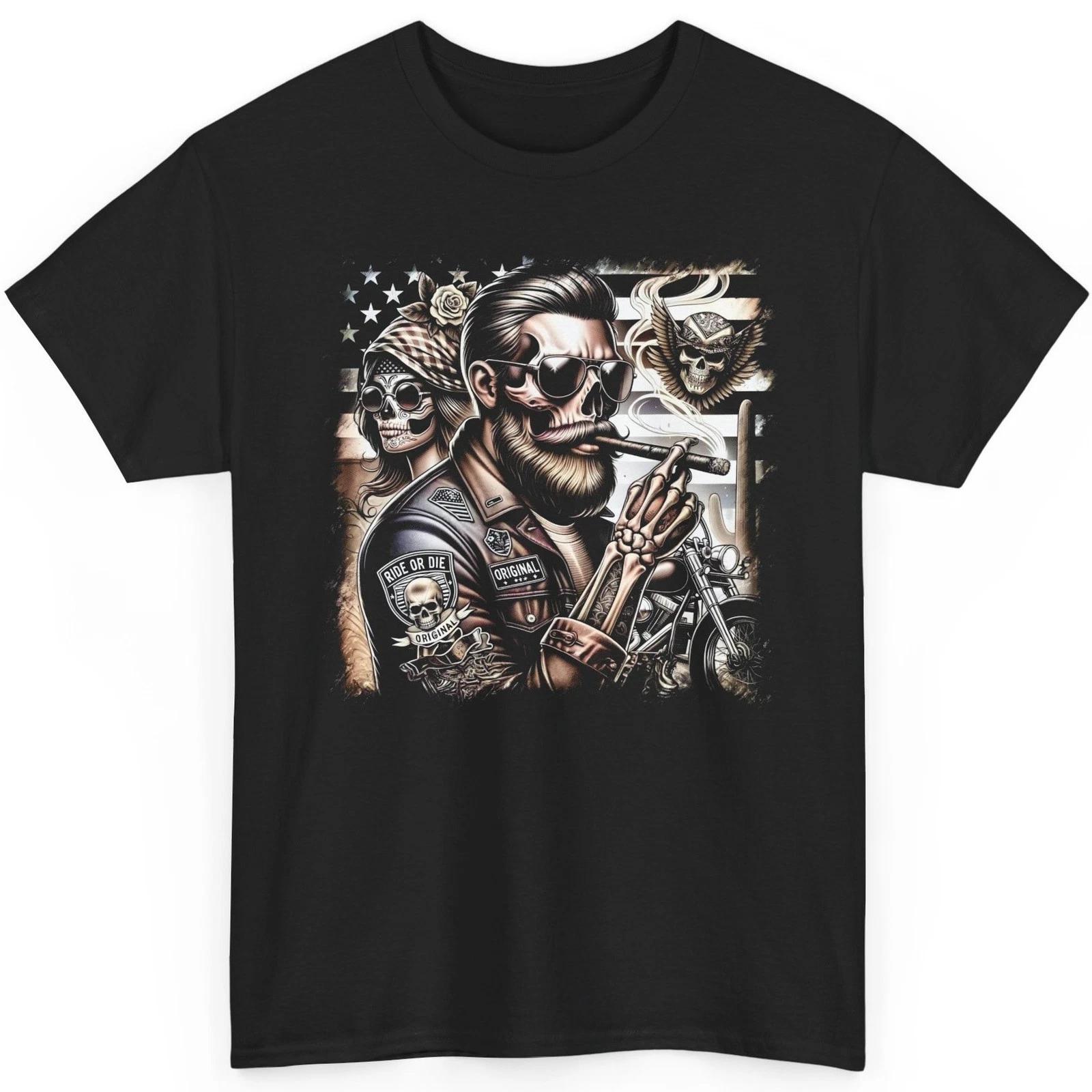 Biker T Shirt Ride Or Die Graphic Tee Motorcycle USA Flag Skeleton Bearded Top 3XL