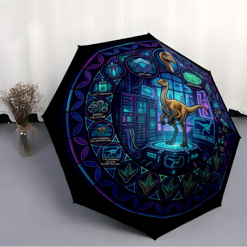 Glass Dinosaur Lab pattern umbrella, portable and foldable design, 8 ribs, a casual accessory for Halloween, Christmas, and birthday gifts.