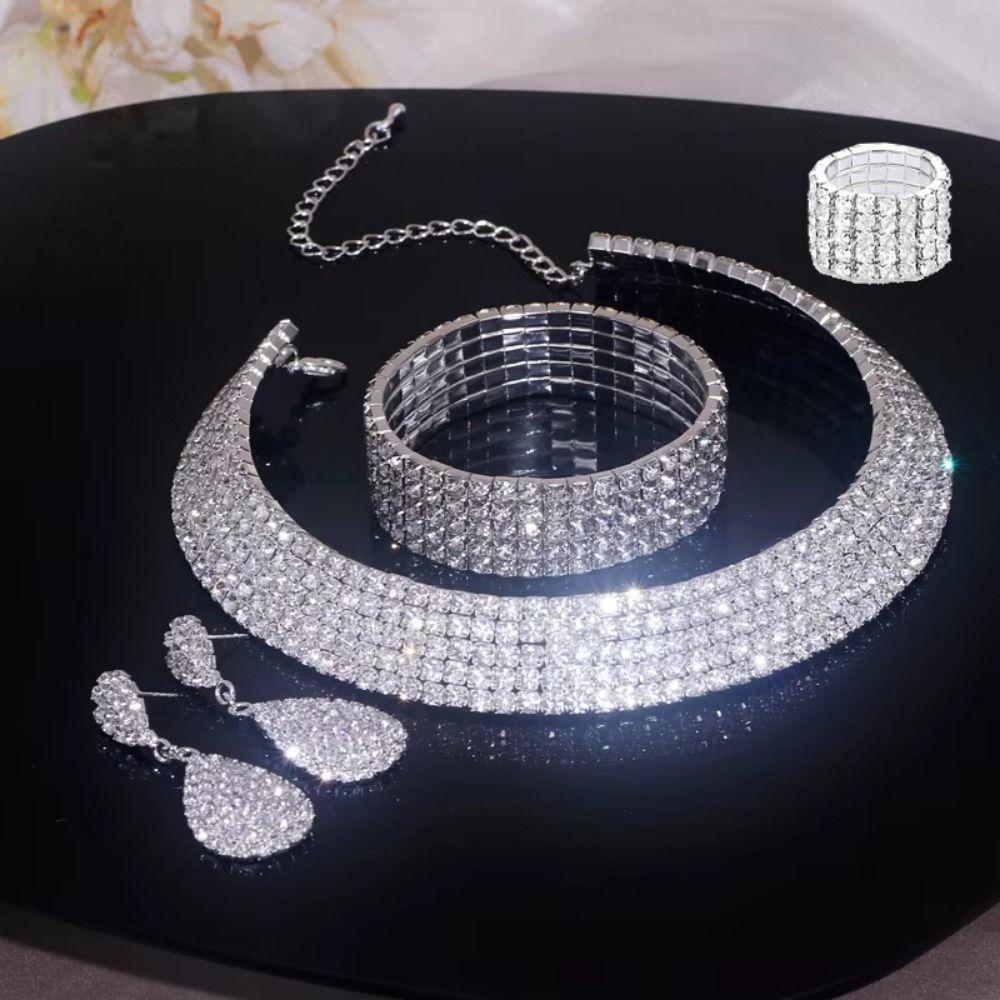 Shiny Necklace Bracelet Earring Ring Sets Luxury Rhinestone Choker Necklace  Formal Events