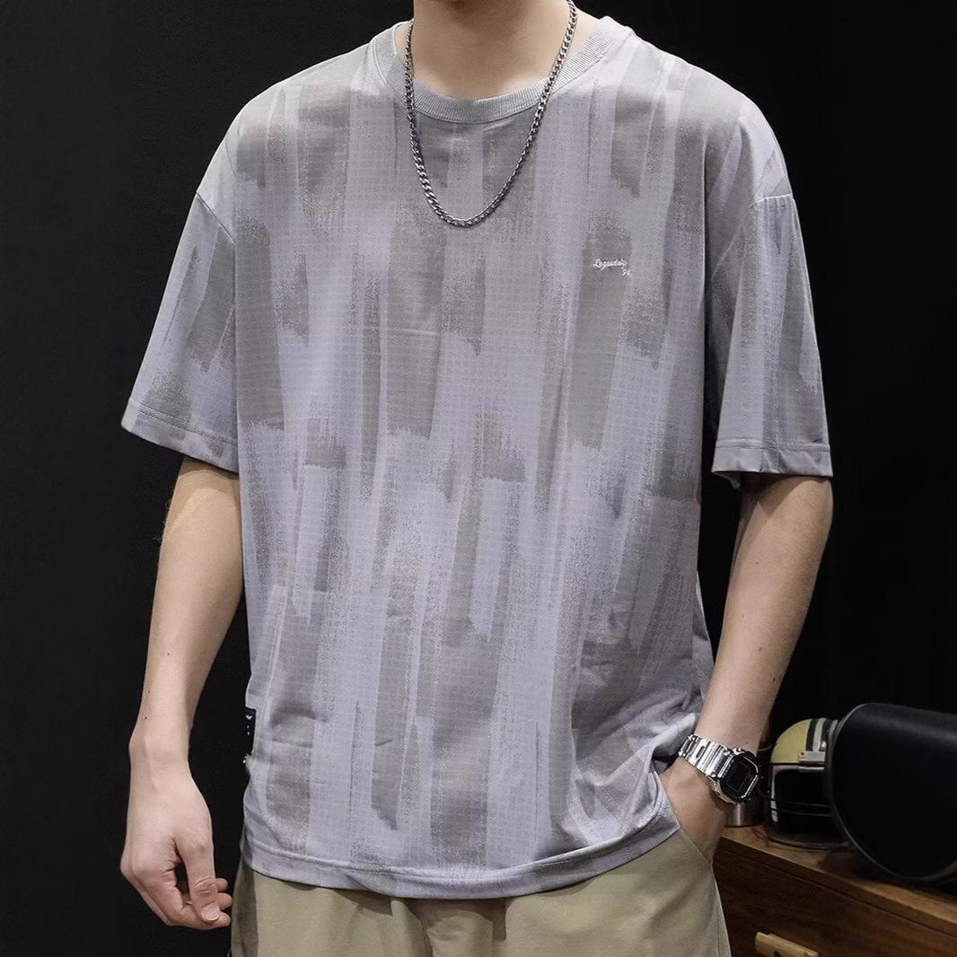 

Мужская футболка в японском стиле с градиентным принтом - Круглый вырез, Короткий рукав, Повседневная, Стильная, Дышащая и Быстросохнущая S серый