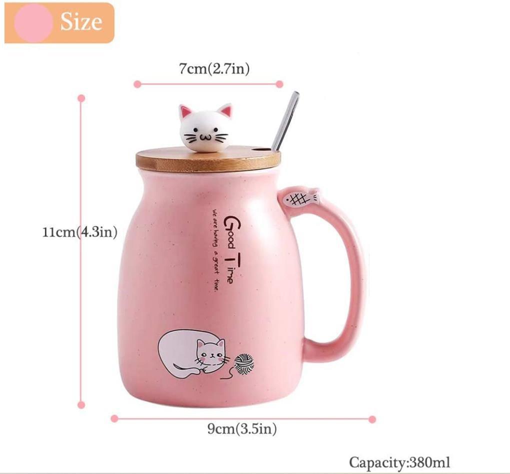 Söt keramikmugg med katt-tema, lock och sked, 380 ml.