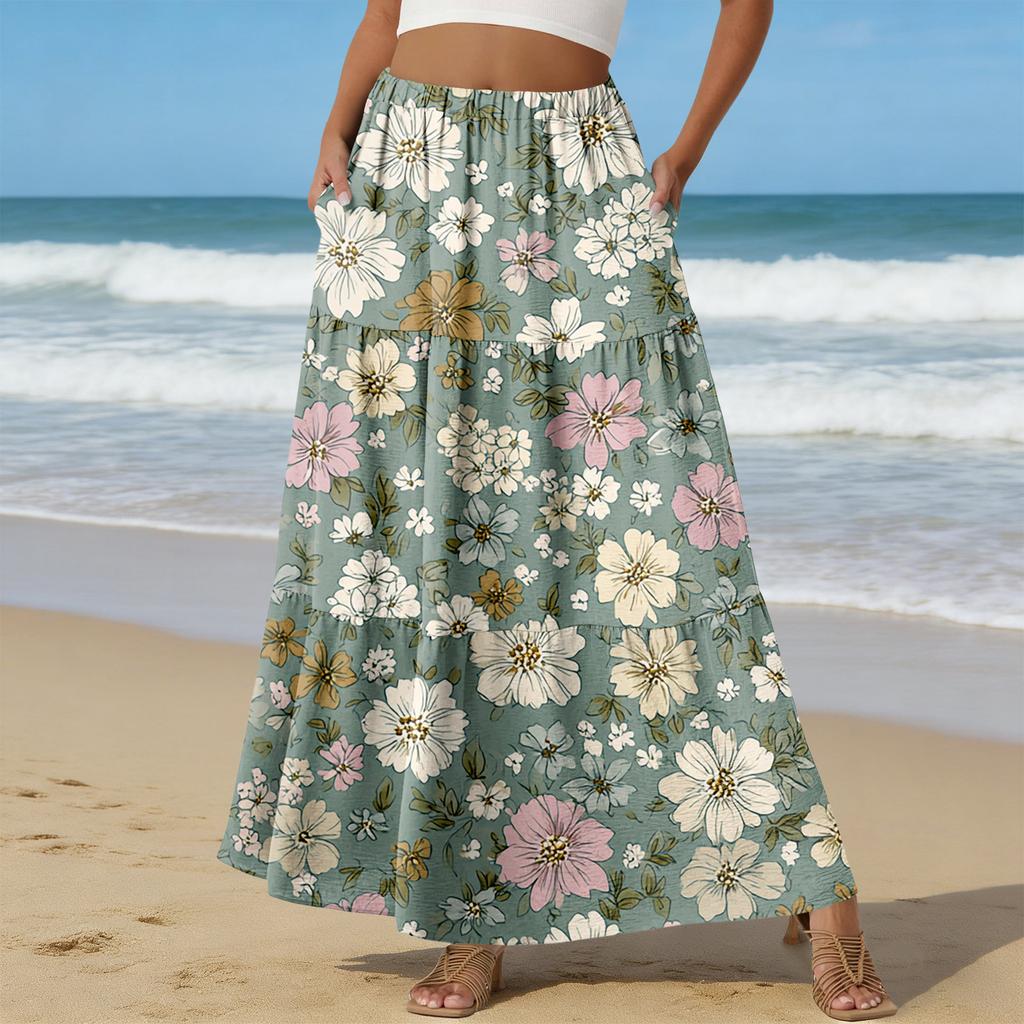 Women's Casual High Waist Drawstring A-line Skirt Color Skirt With Pockets