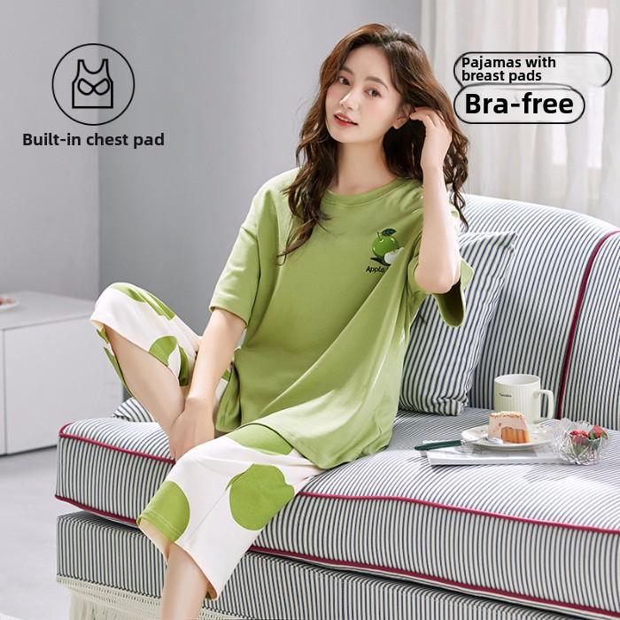 

2025 летняя женская пижама с нагрудником, мягкие свободные топы с коротким рукавом и брюки-капри, две части, одежда для сна, нижнее белье, домашняя одежда XXL