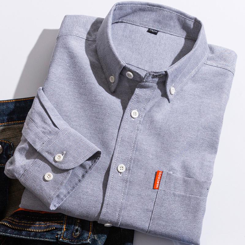Men's Oxford Long-Sleeve Button-Down Shirt - Business Casual, Solid Color Versatile Cardigan