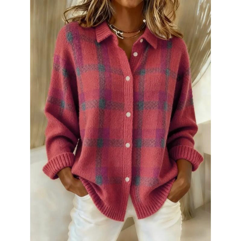 Damen Lässiger Lockerer Pullover Frühling und Herbst Kariert Langarm Revers Hemd Pullover Strickjacke