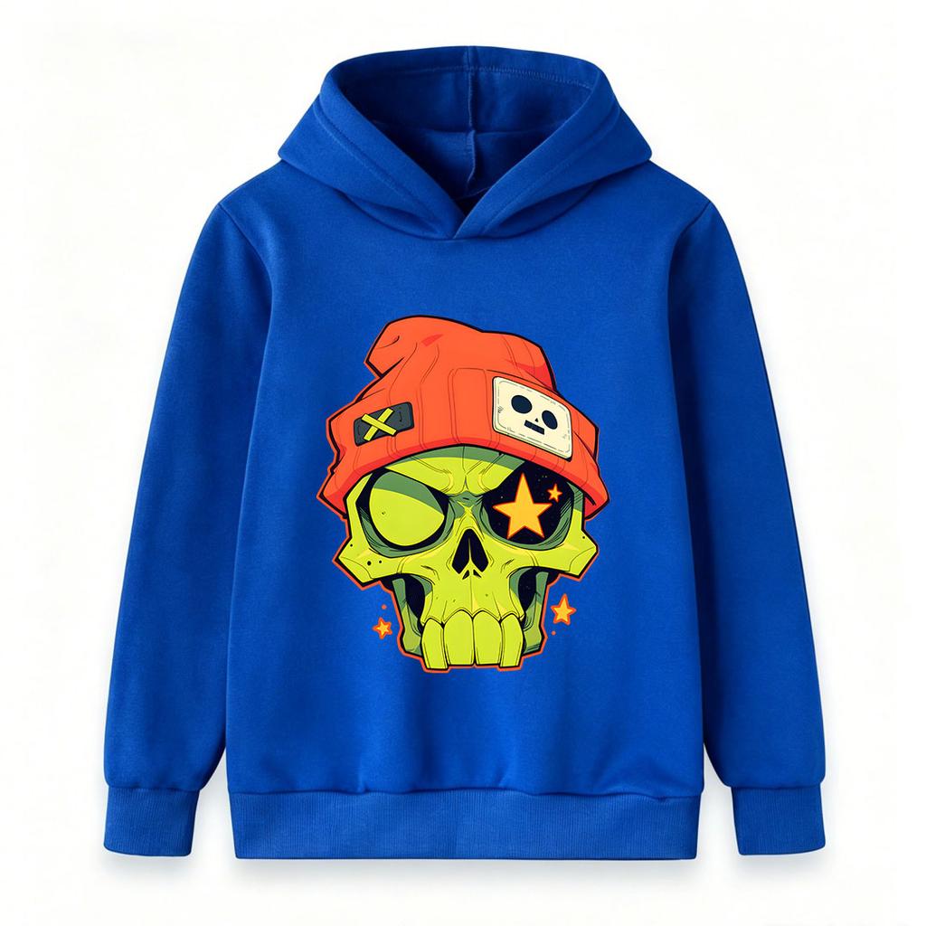 Kids Boys Girls Cozy Pullover Hoodie, Cool Cartoon Green Skull With Orange Beanie Star Graphic Casual Long Sleeve Hooded Sweatshirt For Streetwear