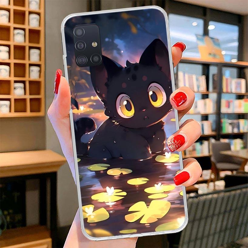 Cartoon Cute Cat Fish Aesthetic Cover Phone Case For Samsung Galaxy A12 A22 A32 A52 A72 A02S Phone Case Note 20 Ultra 10 S10 Plu