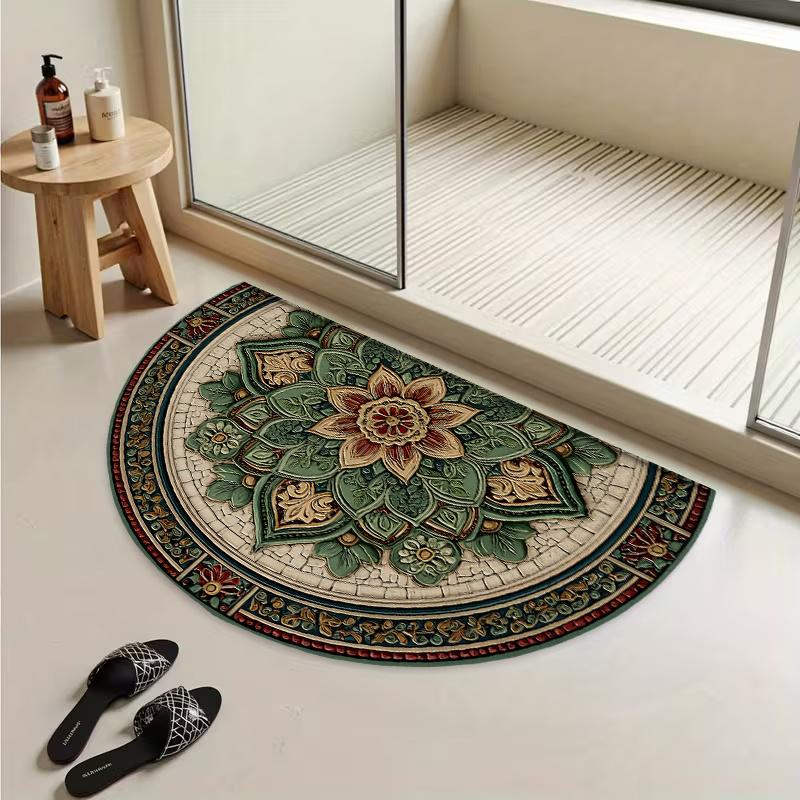 1Pcs Green Mosaic Floral Semi Circle Welcome Doormat Non-Slip for Outdoor Patio Porch Kitchen Bathroom Entryway Floor Mat