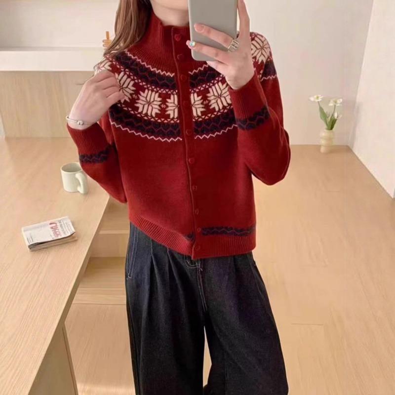 Lapel Retro Fair Island Contrasting Jacquard Sweater Women's Casual Lazy Wind Knitted Cardigan Top Women