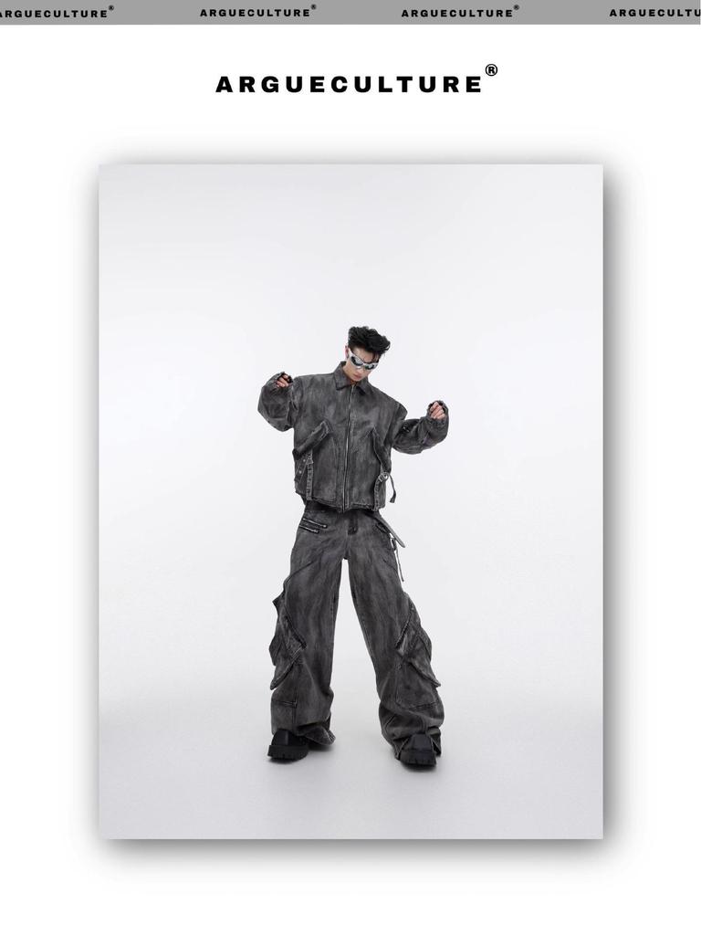 Men's Retro Washed Distressed Wide-Leg Jeans