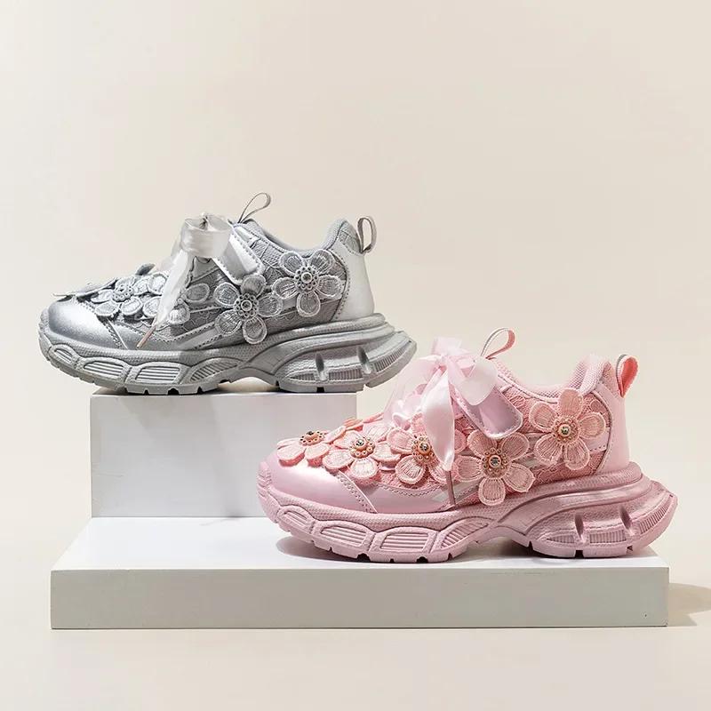 Fashion Lace Flower Girls' Casual Sports Shoes 2024 Autumn New Children's Soft Soled Running Shoes Kids Sneakers