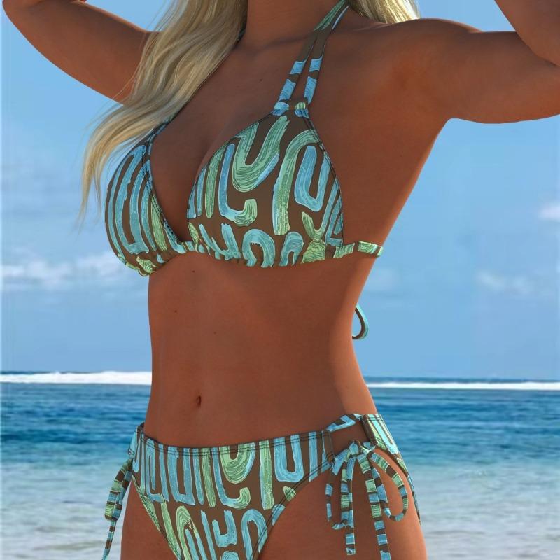 The New European and American Split Printing Splicing Neck Women's Split Swimsuit Bikini Suit Is Sexy
