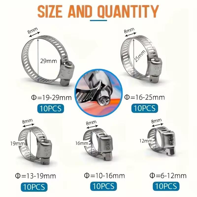 50Pcs Stainless Steel Hose Clamp Kit 1/4" To 1-1/8" T-Bolt Car Fuel Tube Pipe Clamp Worm Gear Plier Tools Water Pipe Accessories