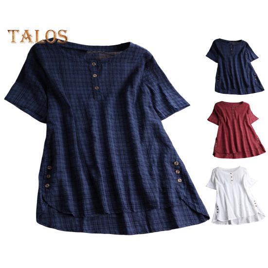 Dámské letní topy s krátkým rukávem, kulatým výstřihem, volného střihu, tričko s knoflíky u výstřihu, nepravidelným lemem, jednobarevné, tenké tričko