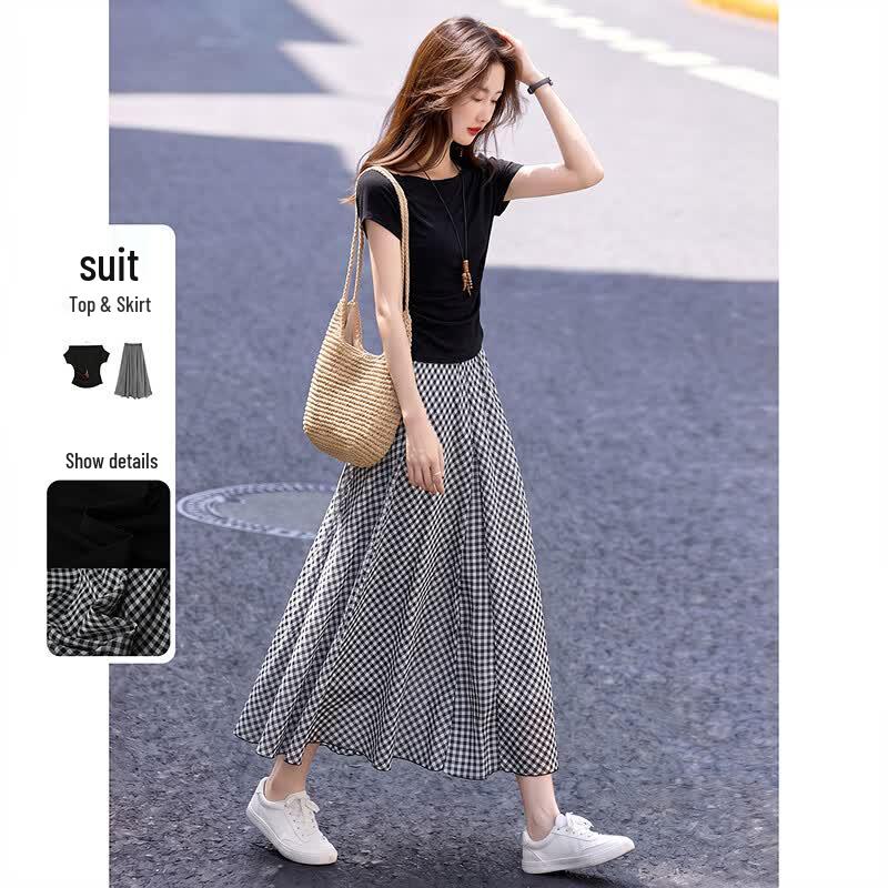Retro Off-Shoulder T-Shirt & Plaid Skirt Two-Piece Set L чёрный