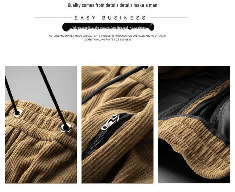 Romon Men's Fleece-Lined Corduroy Pants, Thickened Elastic Waist, Autumn/Winter Warm Casual Style.