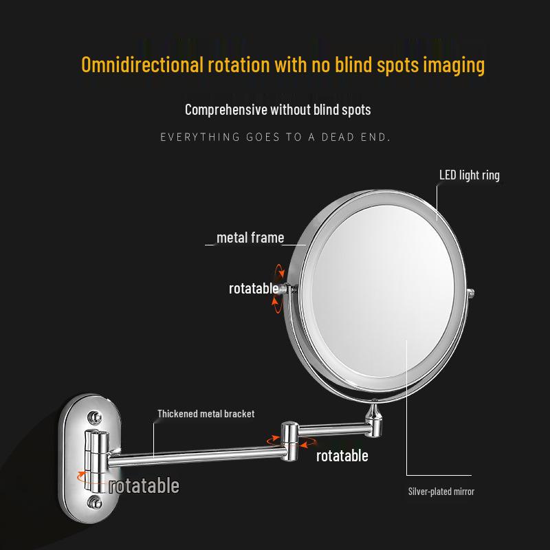 8-Inch Double-Sided LED Makeup Mirror: Wall-Mounted, Folding, Retractable, Lighted, Magnifying, Rechargeable Bathroom Vanity Mirror.