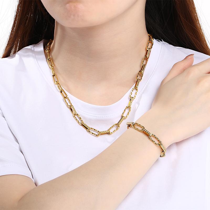 KALEN Gold Color Textured Paperclip Stainless Steel Bracelet for Men Hip Hop Necklace Women‘s Sets Waterproof Jewelry Gift