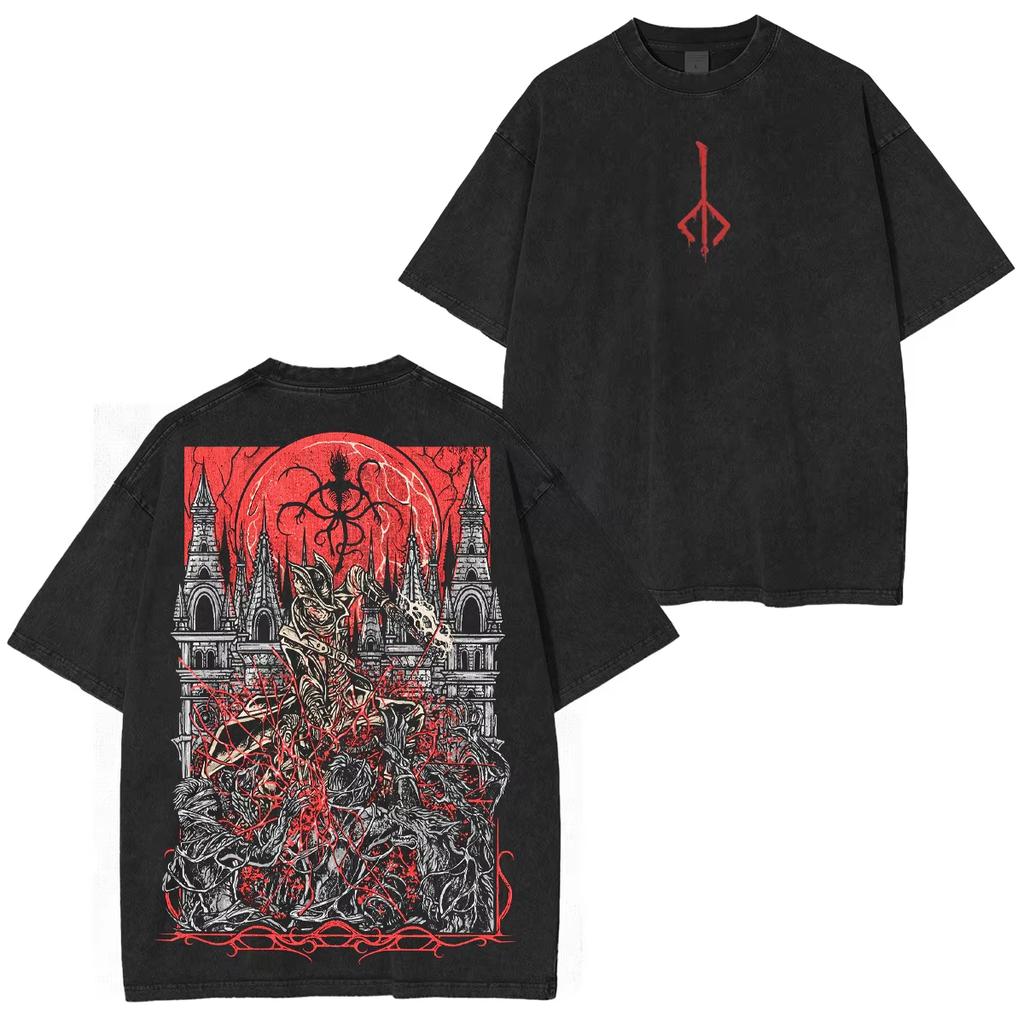 Bloodborne Ludwig Der Verfluchte Heilige Klinge Grim T-Shirt Jäger und Lampe Boten Oversize Gewaschen Sommer Lässig Streetwear Kurzarm T-Shirts Oberteile