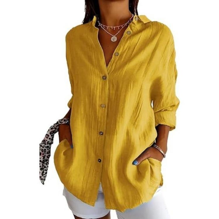 European Style Women Solid Pleated Shirt with Lapel and Roll Up Sleeves