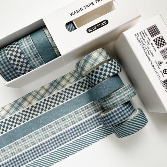 Office Desk Organization Tape 6 Rolls Plaid Washi Set, Grid Checkered Pattern Masking Tape, Self Literary Art Style Adhesive Decorative for
